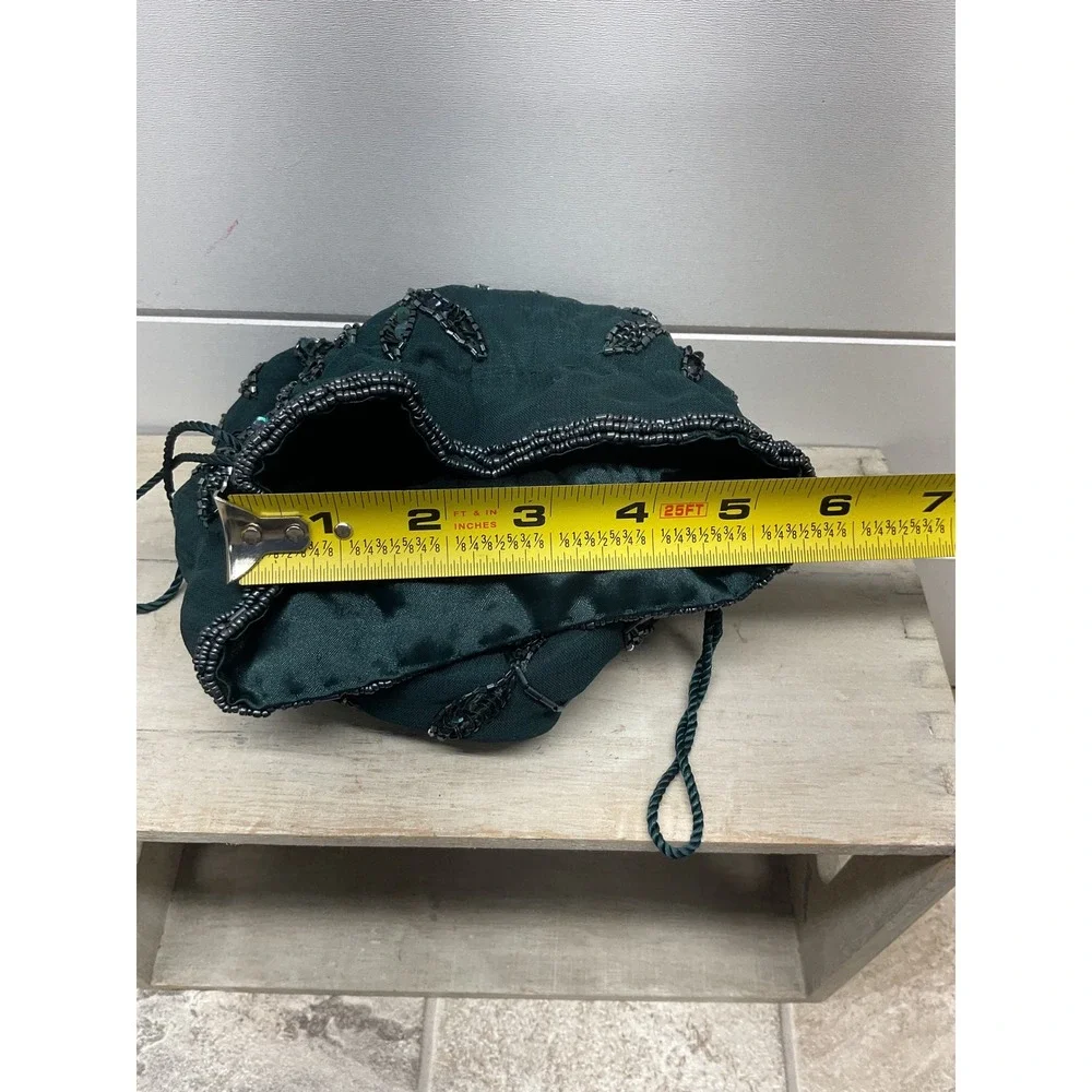 Accessorize Dark Green Beaded Leaf Drawstring Evening Pouch Bag Viscose